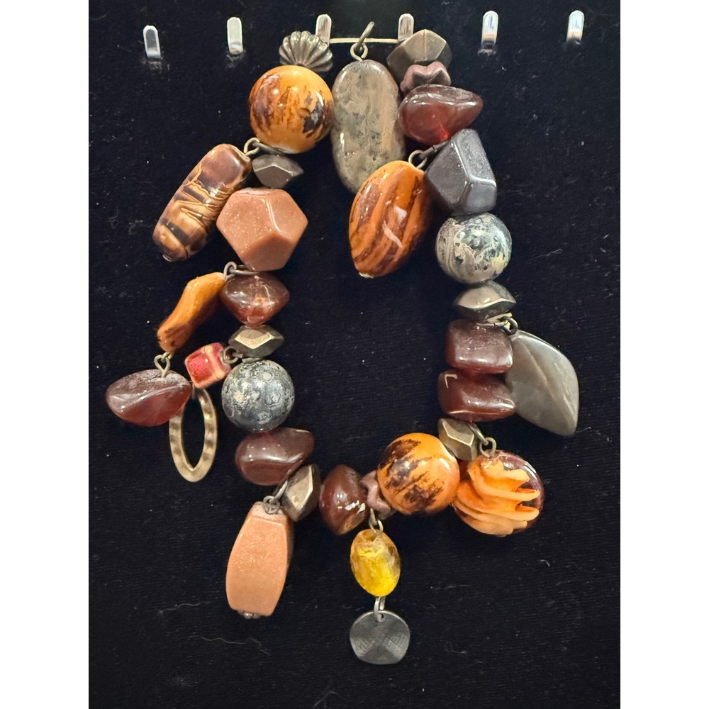 Chunky Earth Tone Stone and Resin Charm Statement Bracelet Brown Amber Silver